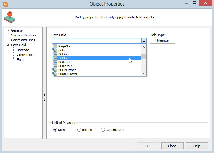 Data Field properties showing the PO number selected.